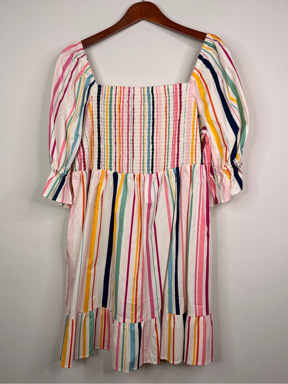 Eloquii Elements Rainbow Stripe Smocked Midi Dress Size 18 NWT Puff Sleeve